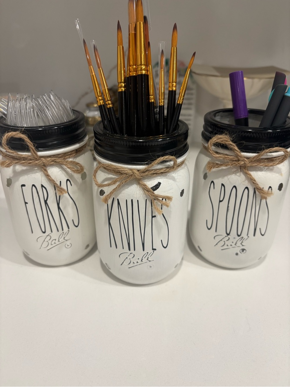 Decorative White Mason Jar Utensil Holder with Black Lid - Rustic Twine Accent
